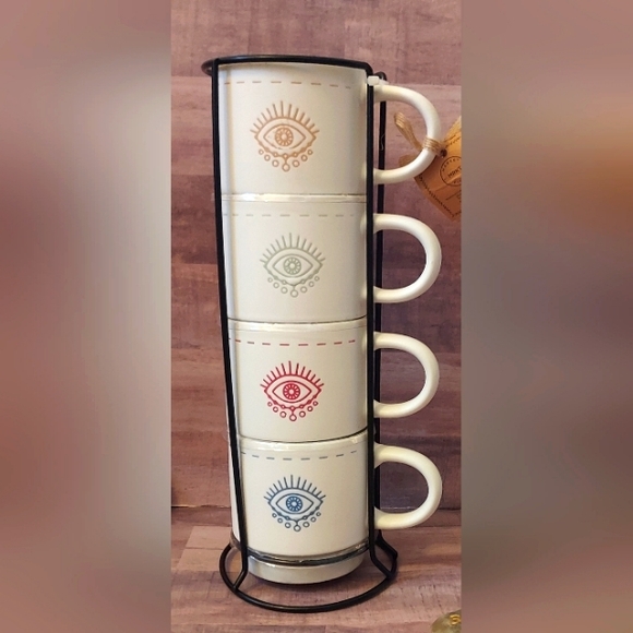 SALE! NWT Boho Evil Eye Set Stackable Coffee Mugs/Tea Cups Metal Organizer Stand - Picture 15 of 16